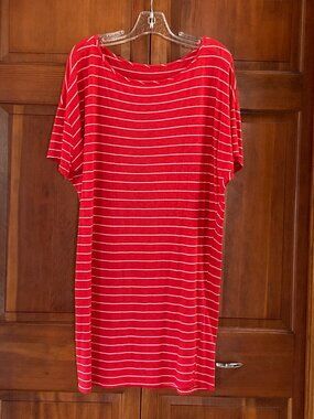 Michael Stars Red with White Thin Stripes T Shirt Dress - Cotton - Size Large